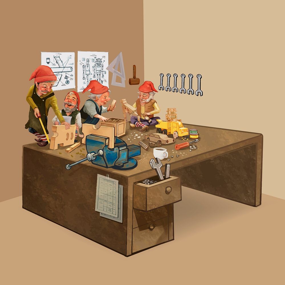 Group of elves working in a Santa's workshop