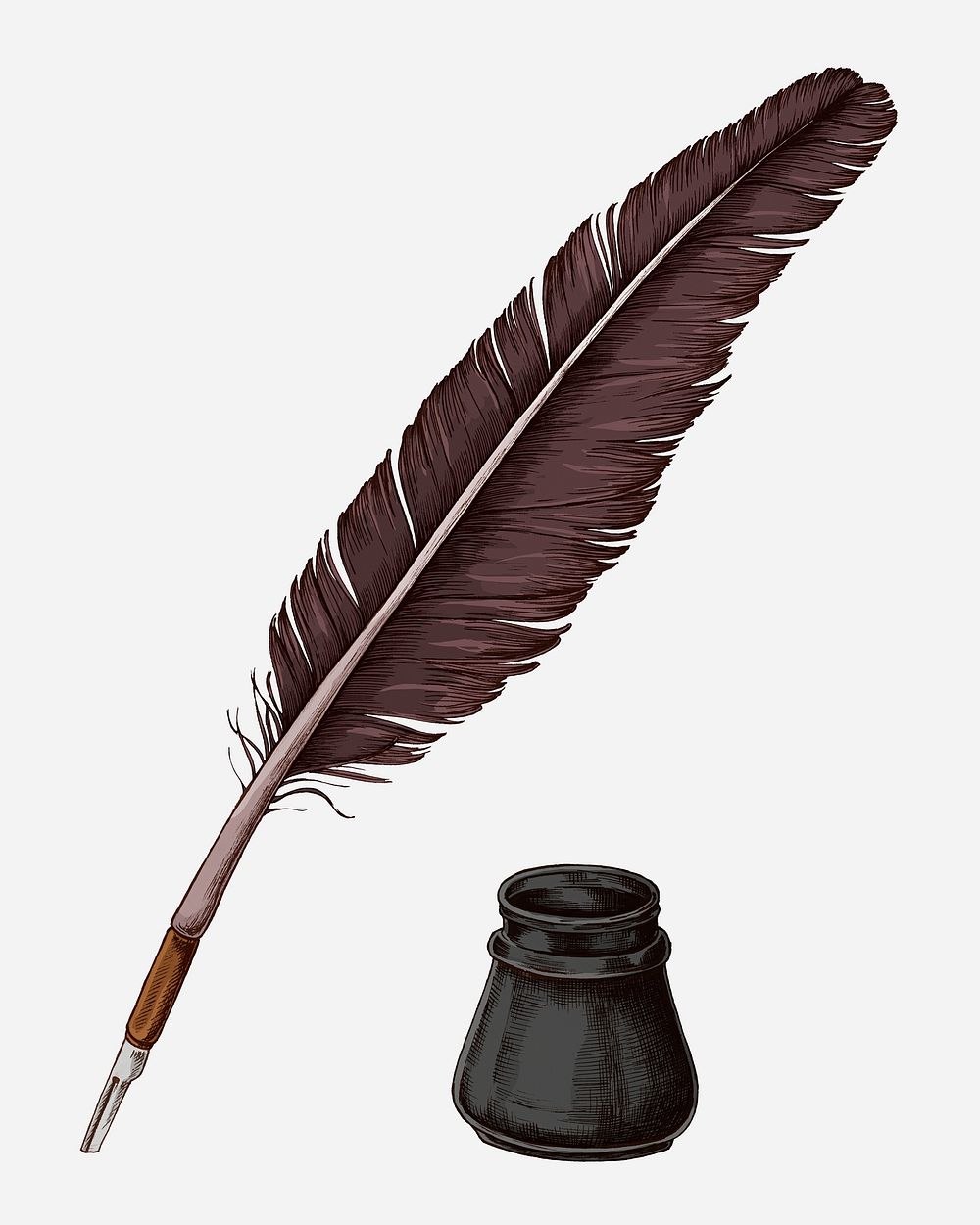 Hand drawn quill pen with an inkwell illustration