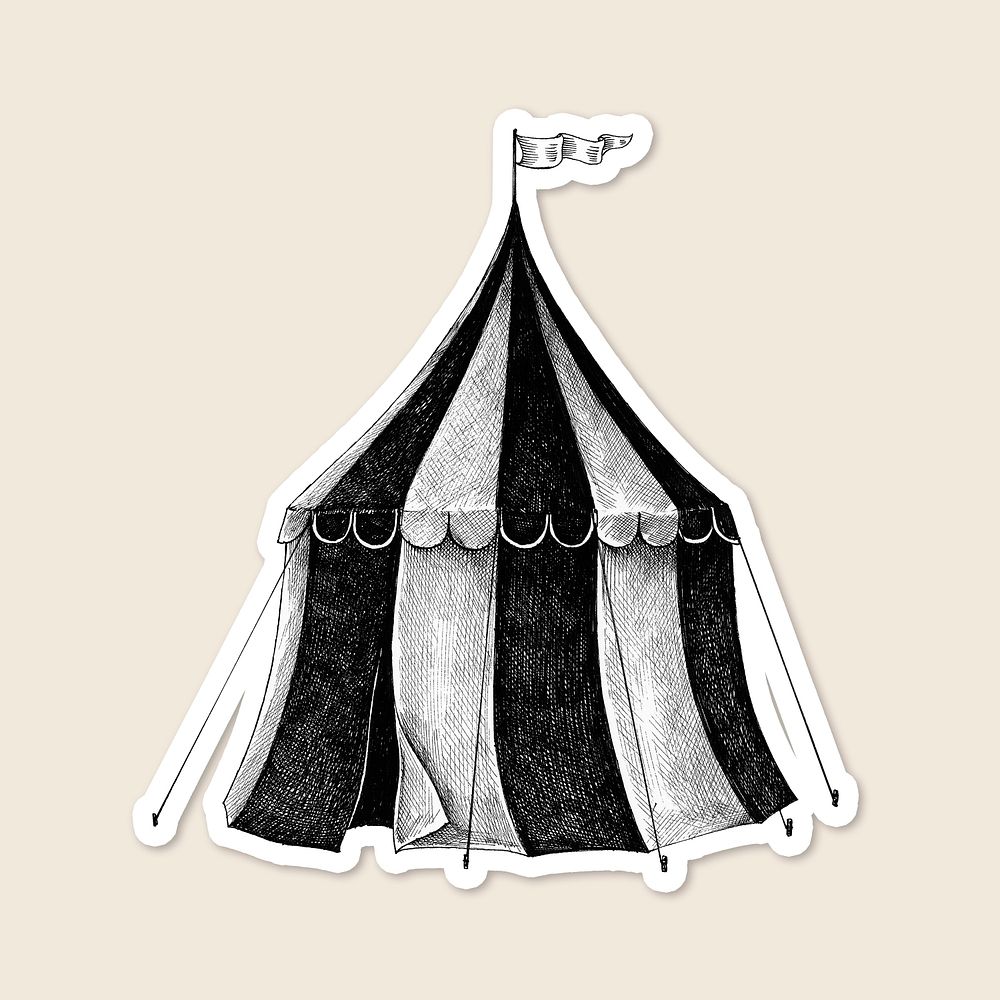 Hand drawn circus tent sticker with a white border