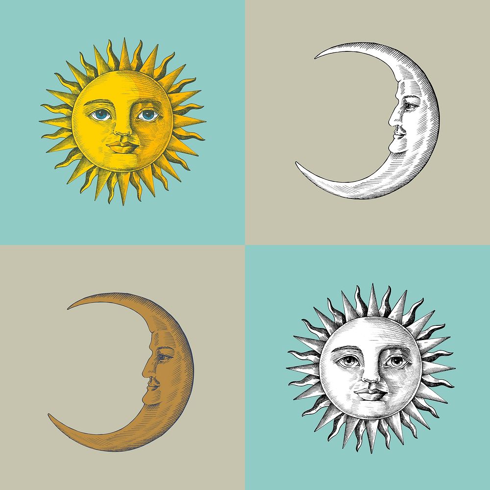 Hand drawn sun and crescent moon with a face set