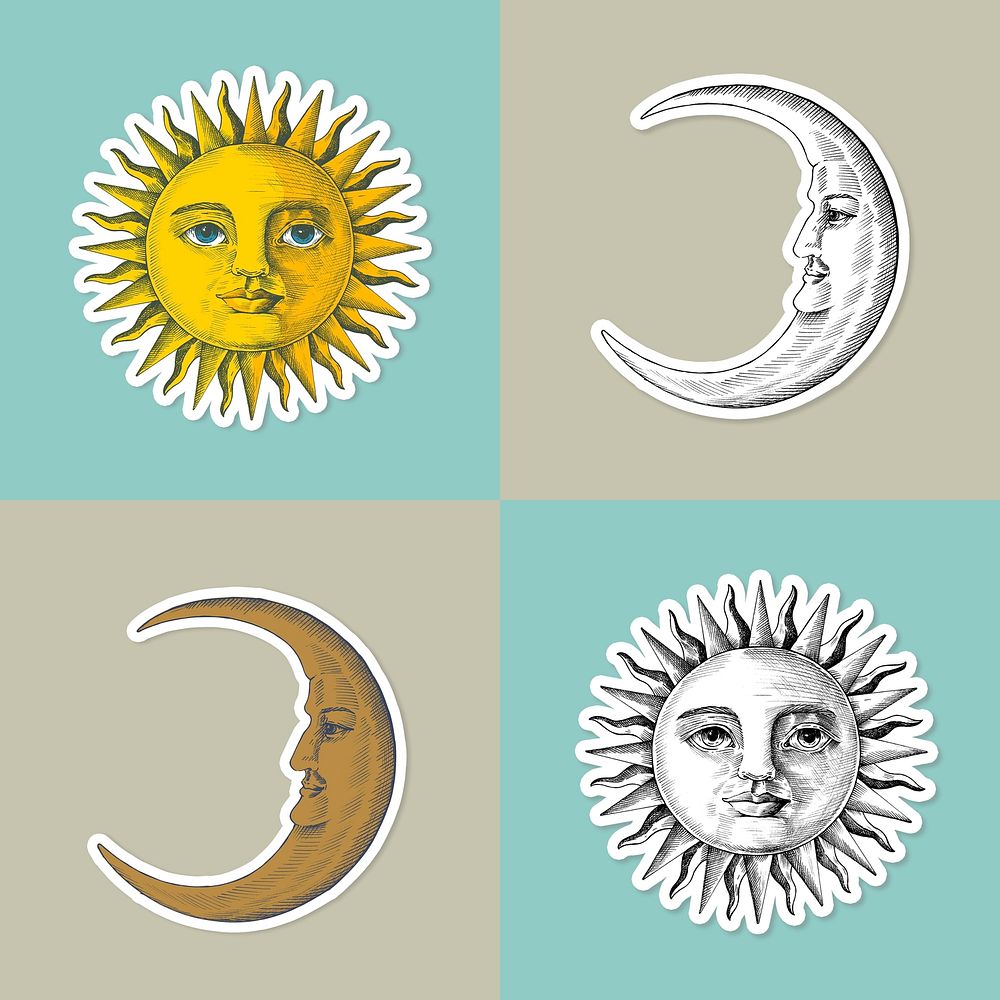 Hand drawn sun and crescent moon with a face sticker with a white border set 