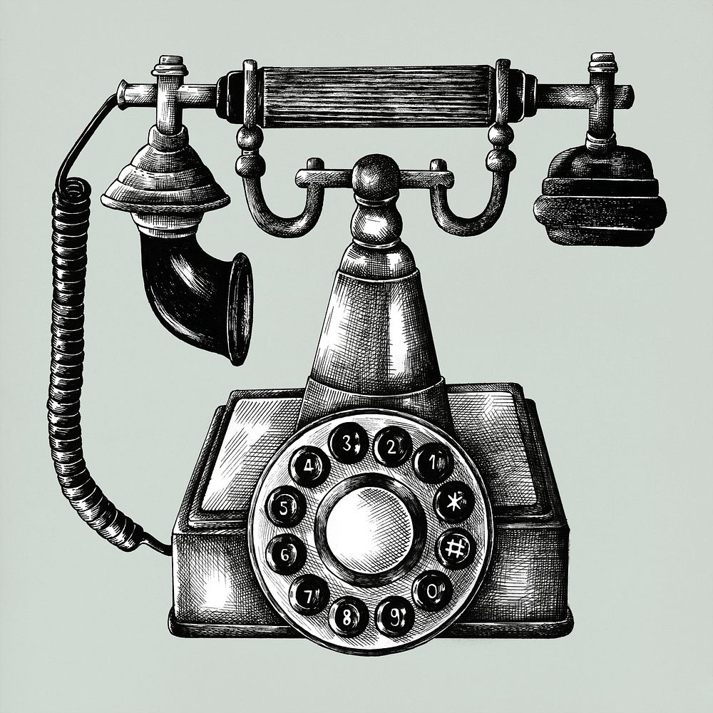 Hand drawn retro line telephone isolated on background