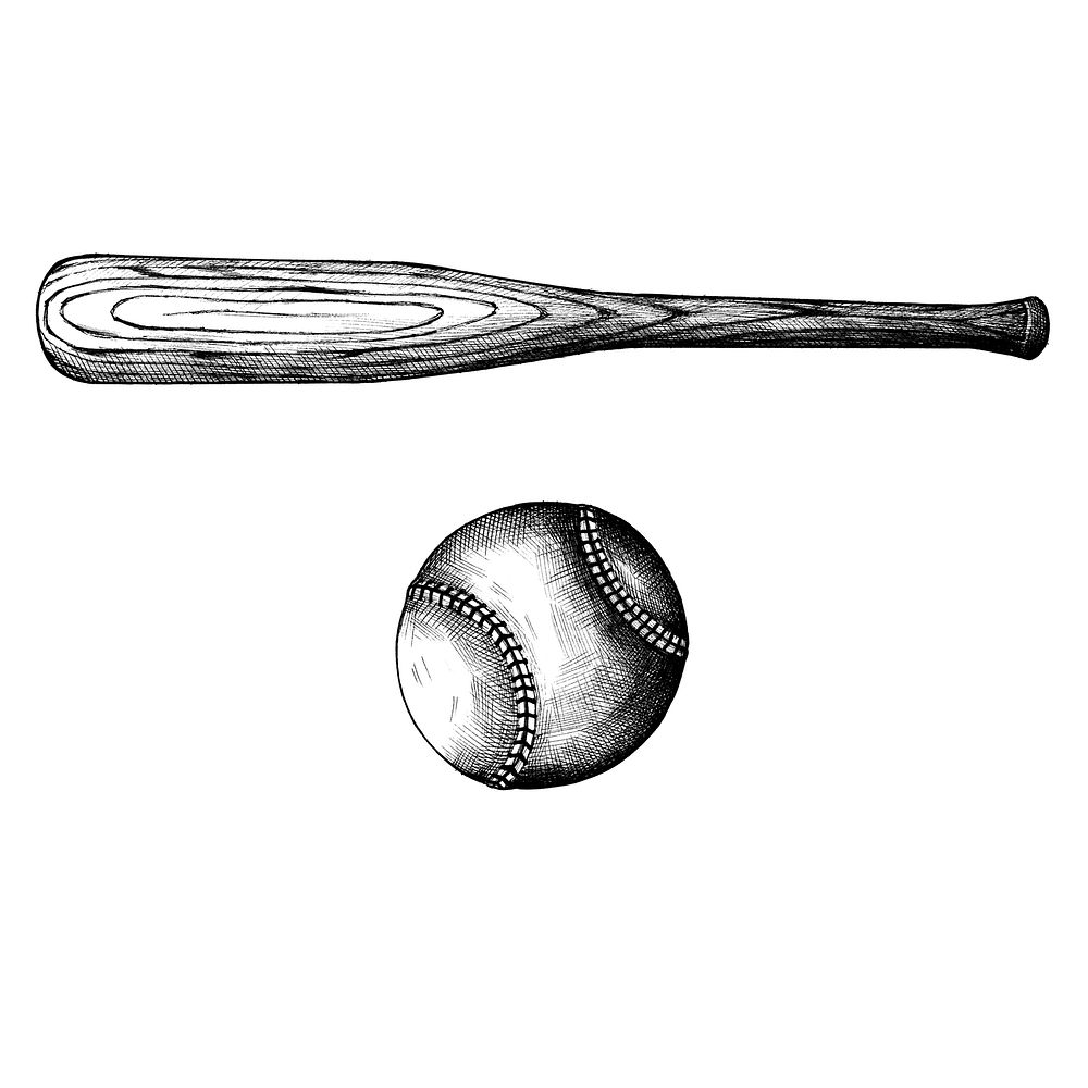 Hand drawn baseball bat and ball isolated on background