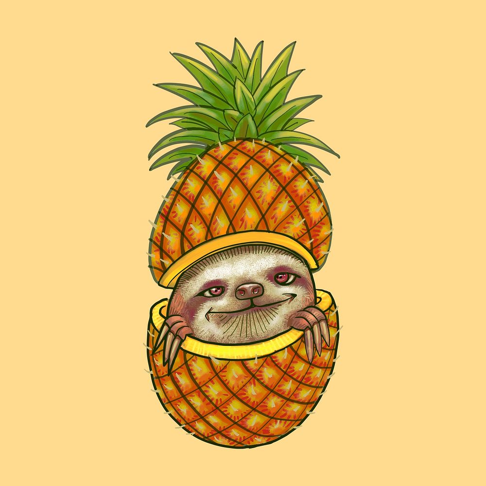 Cute sloth peeking through a pineapple illustration