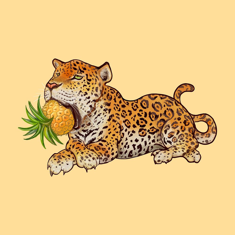 Illustration of tiger eating pineapple