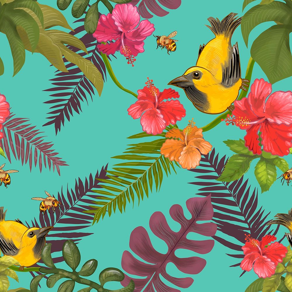 Tropical floral background with birds and bees