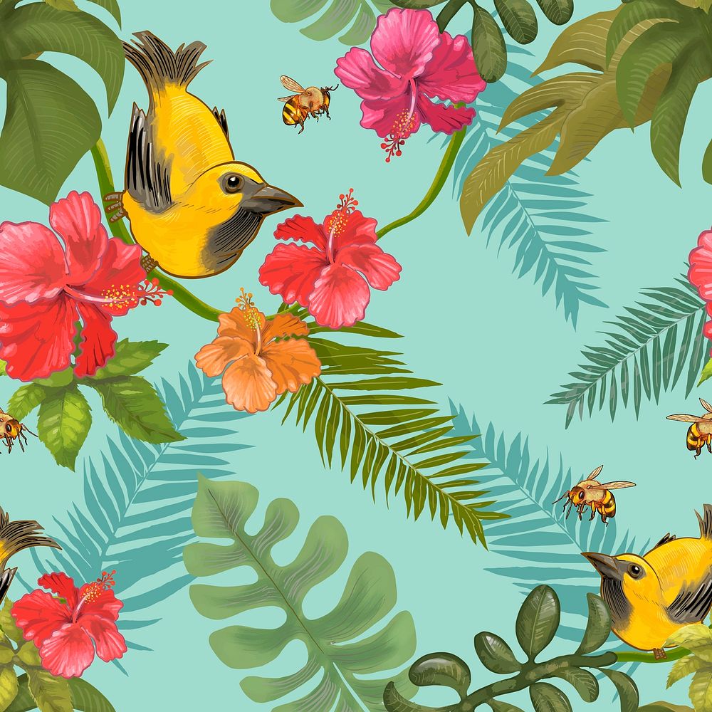 Tropical plants and colorful birds and bees