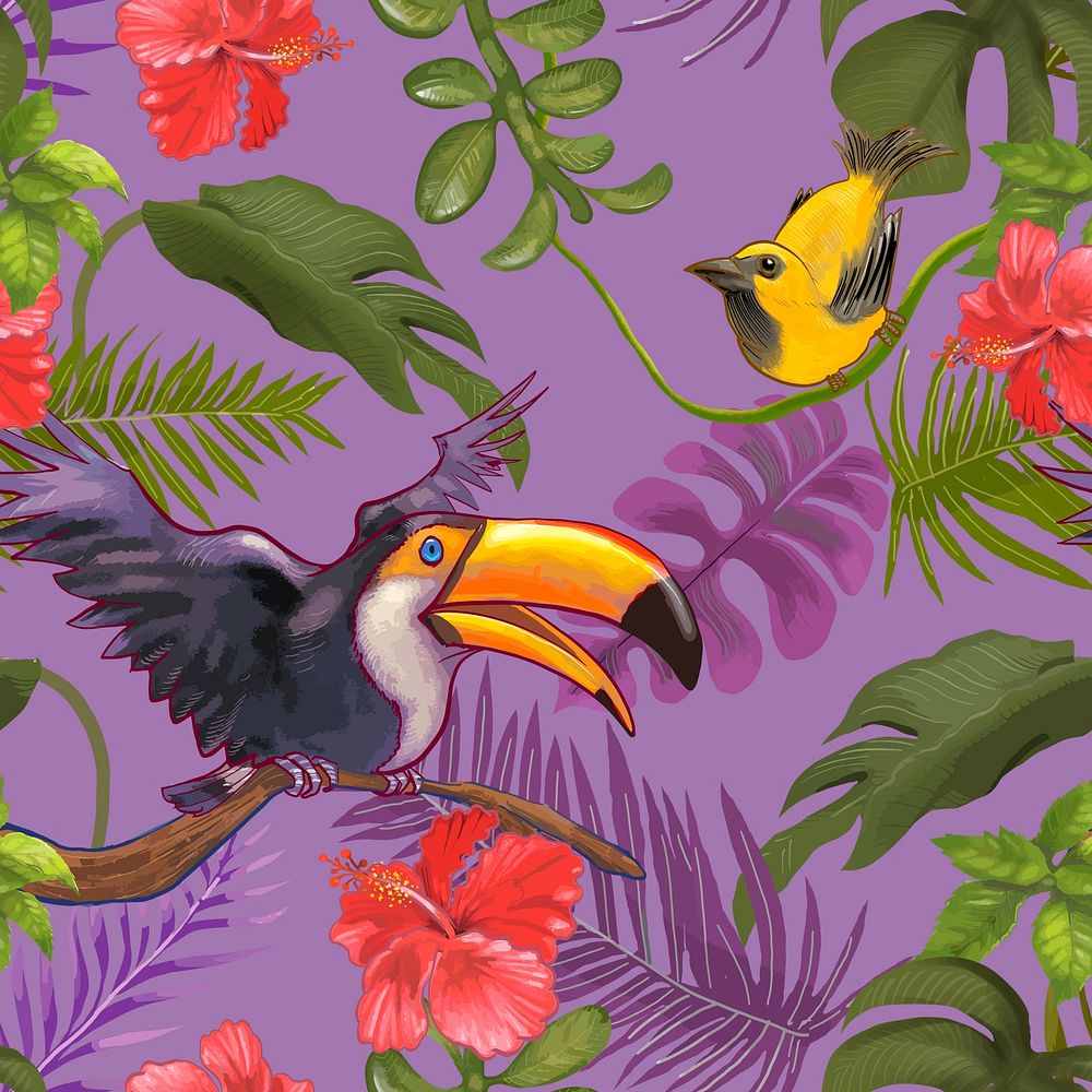 Illustration of birds on colorful forest trees