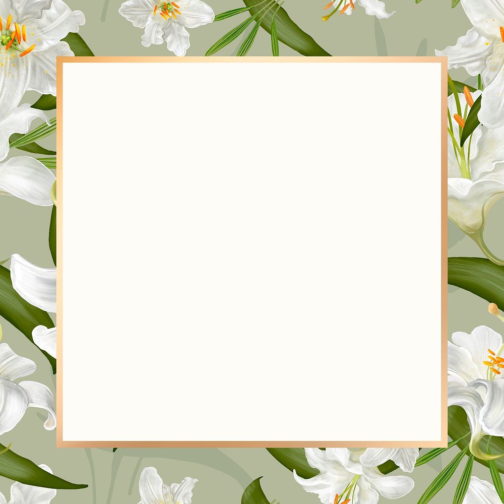 Gold square white lily flower frame design resource 