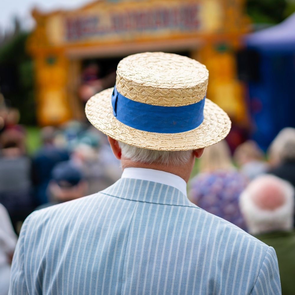 Senior man in blue stripes suit, joining a fair at Morecambe vintage festival. Original public domain image from Flickr