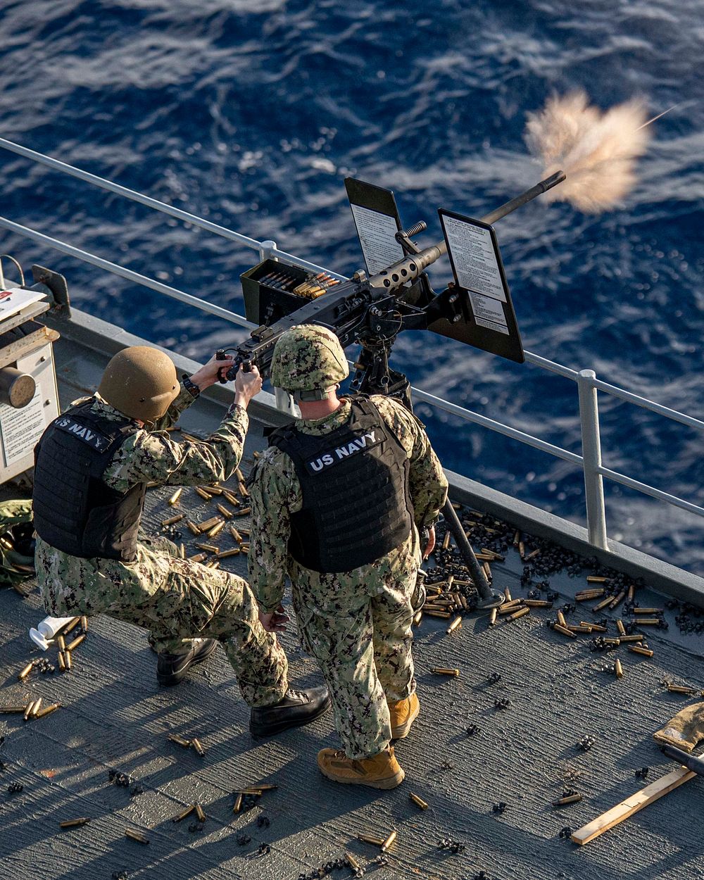 MEDITERRANEAN SEA (Oct. 18, 2019) Information Systems Technician 3rd Class Anthony McElroy fires a .50-caliber machine gun…