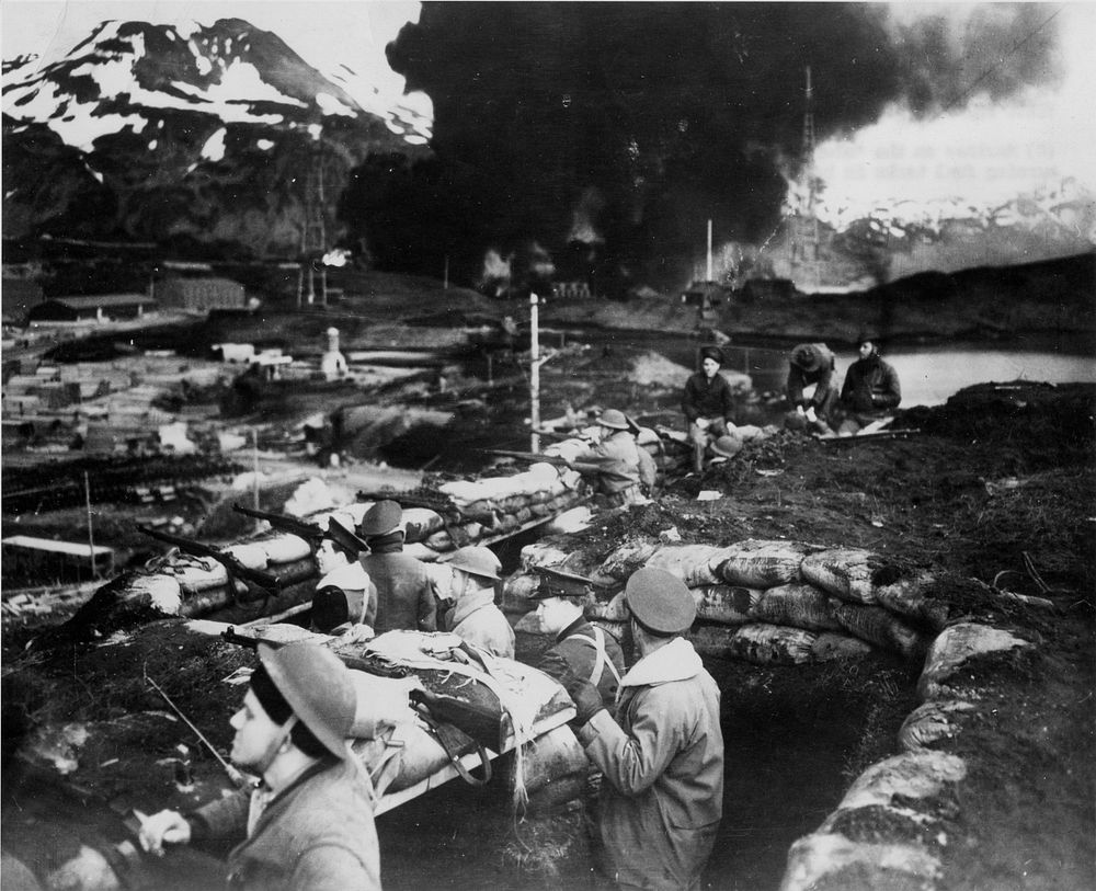 First photographs of Japanese Attack on Dutch Harbor, 06/03-04/1942 - Marines on the "alert" between attacks at Dutch Harbor.