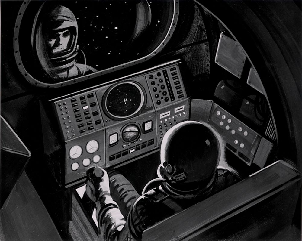 Artist's conception of space exploration depicting manned flight. Original public domain image from Flickr