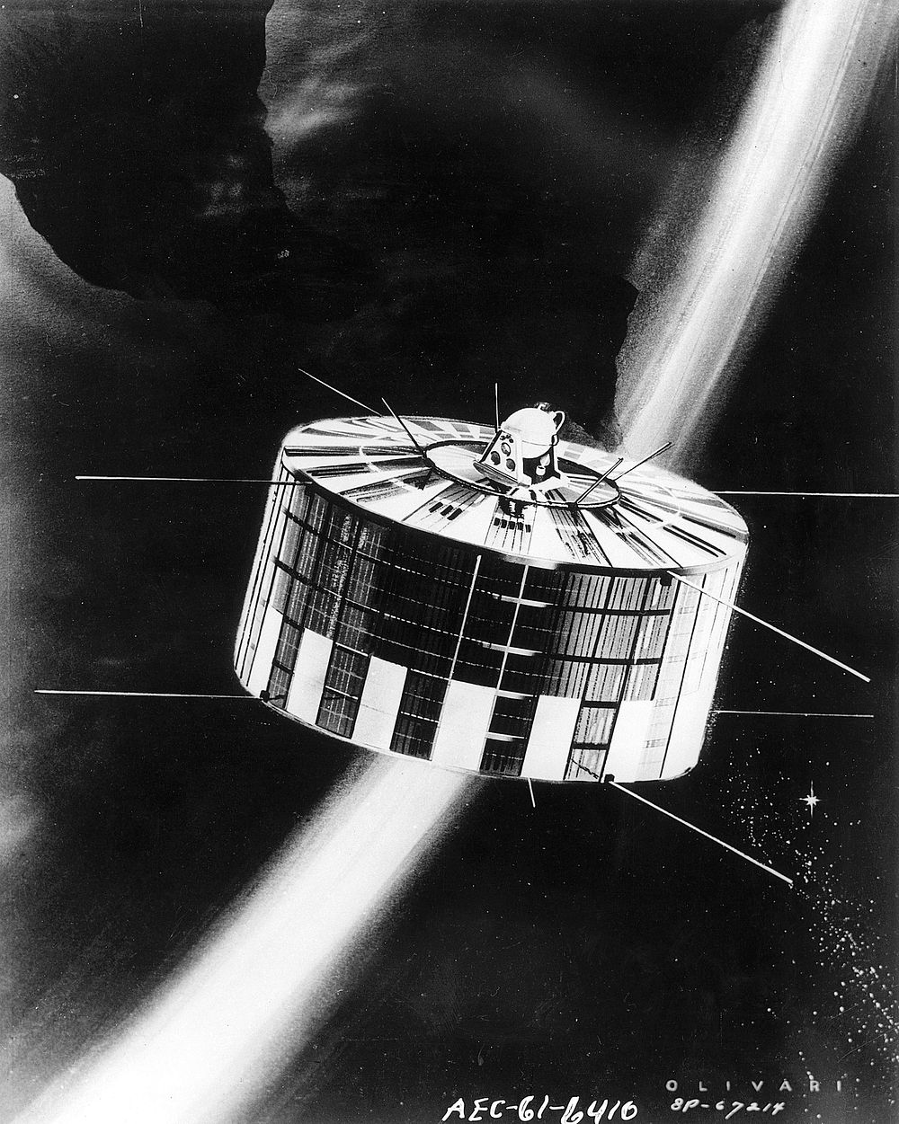 This is an artist's concept of the Navy's navigational satellite, the first to receive auxiliary power from atomic energy.…