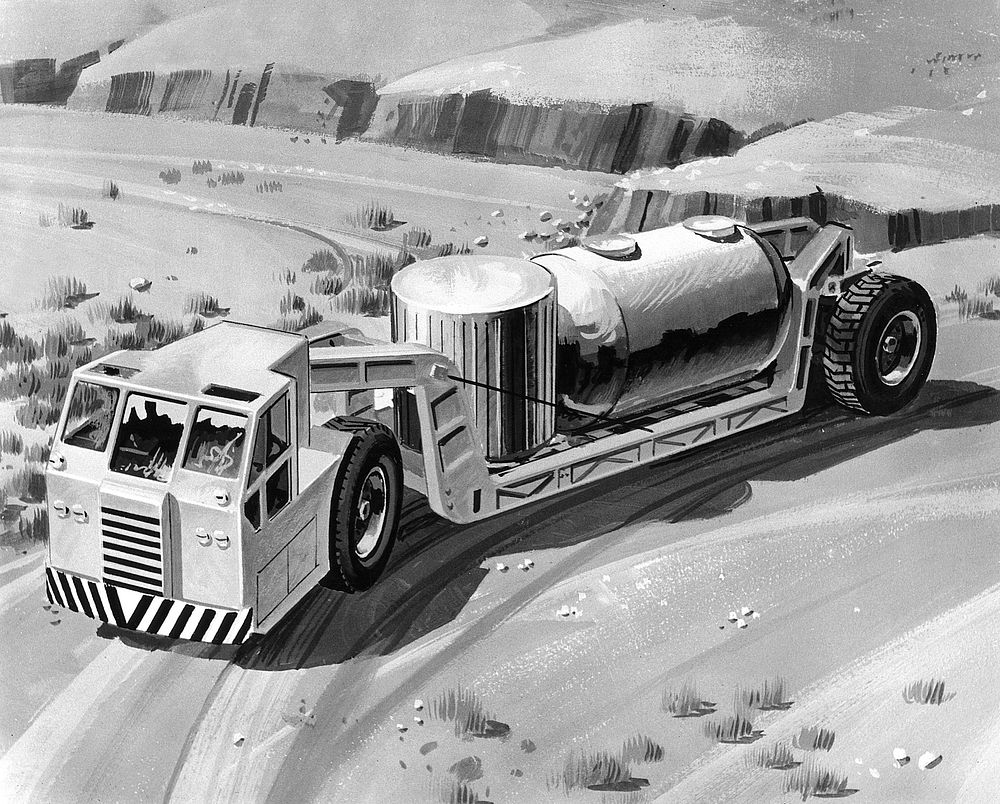 Mobile ground use of SNAP nuclear reactor power system is shown in this artist's conception. Original public domain image…
