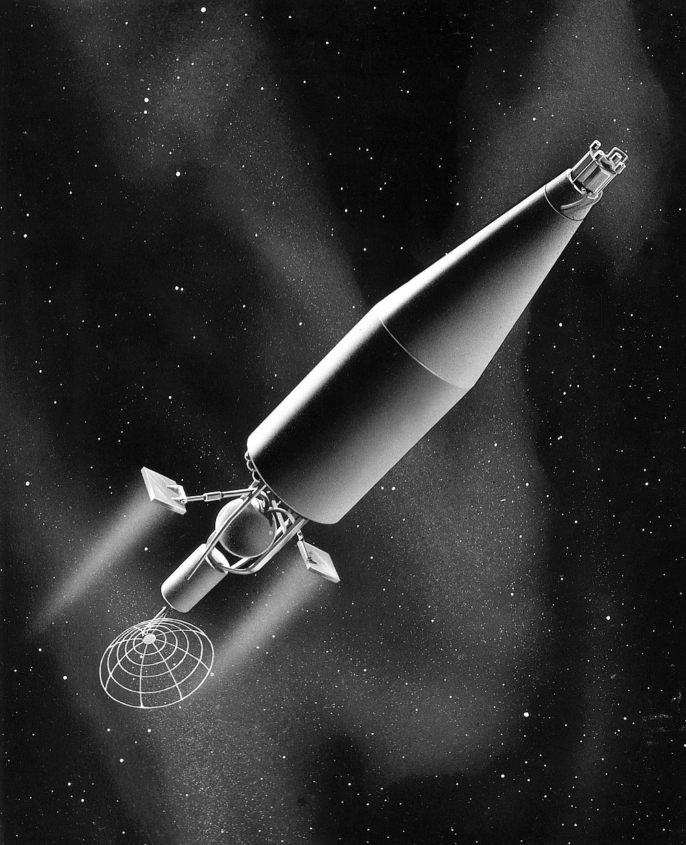 Artist's concept of the SNAP 8 system used as a power source for an ion propulsion vehicle. Original public domain image…