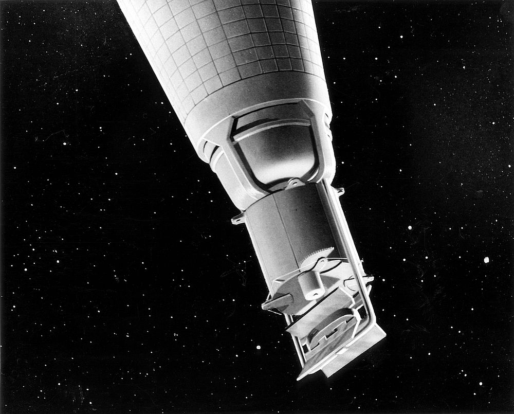 Artist's conception of SNAP 10A system in space showing details of the compact nuclear reactor. Original public domain image…