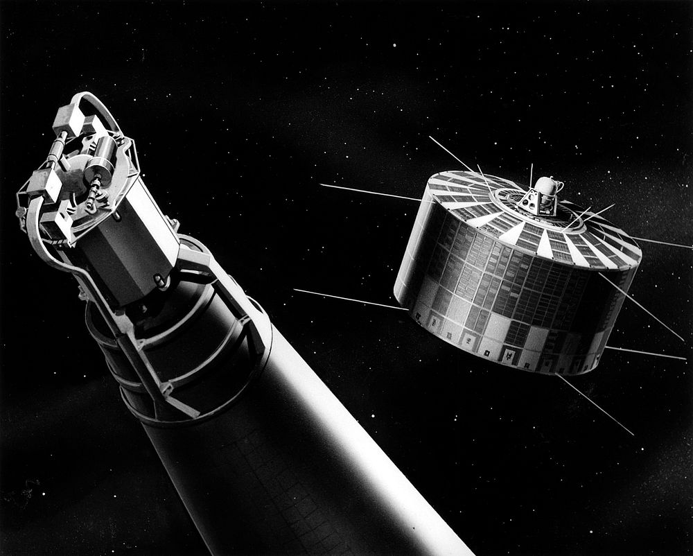 Artist's conception of two compact SNAP systems; the SNAP 10A and the Transit navigation satellite. Original public domain…