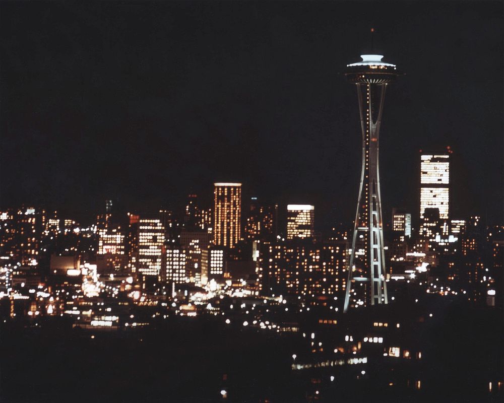 View of space needle and Seattle skyline at night.
