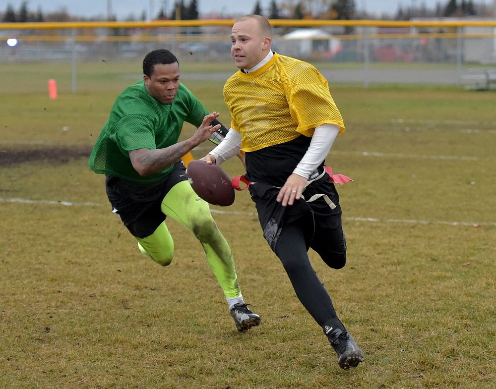 Photo from the intramural football championship game on Joint Base Elmendorf-Richardson, Wednesday, Oct. 7, 2015, between…
