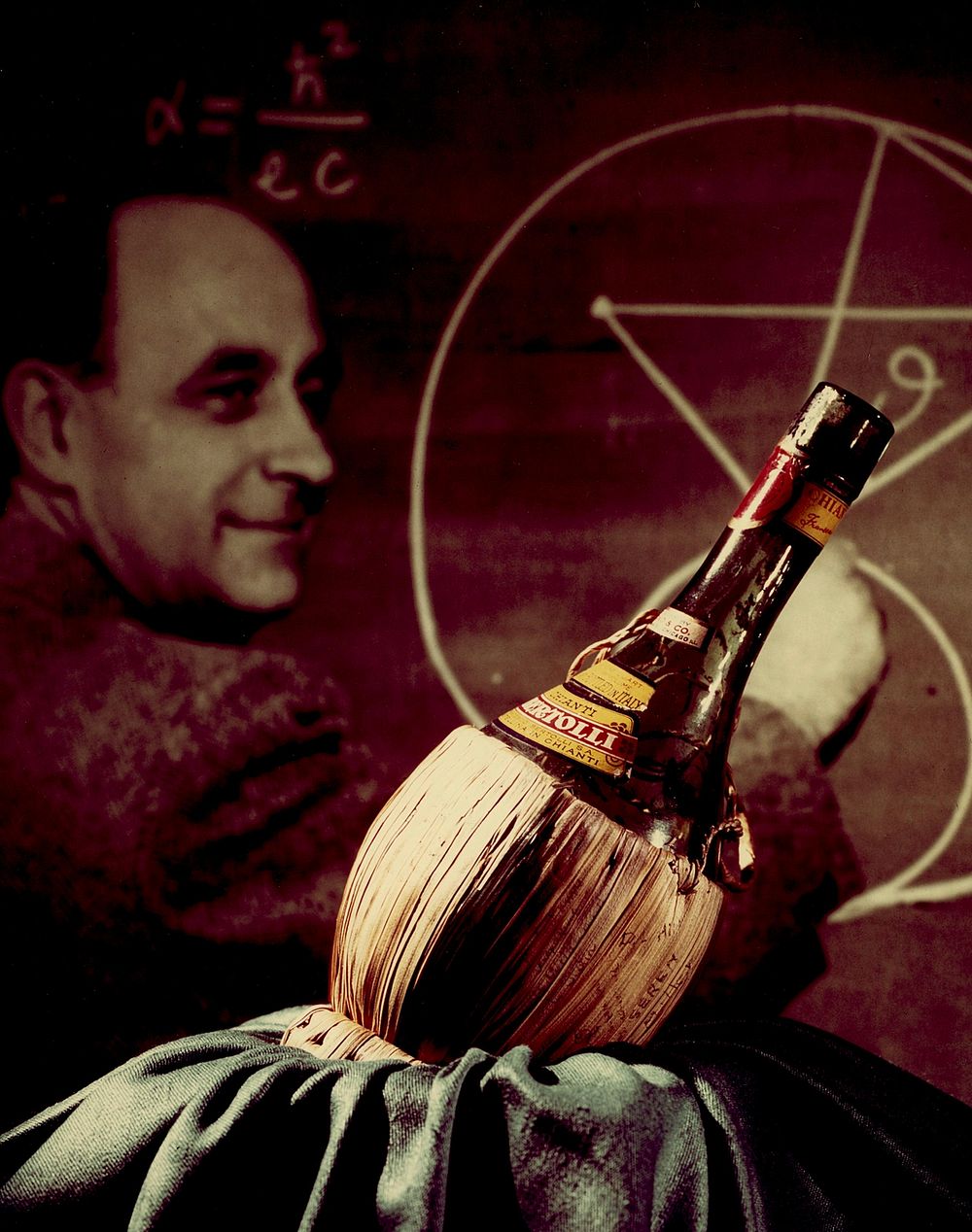 Photo montage of Fermi with the CP-1 Chianti bottle. Original public domain image from Flickr