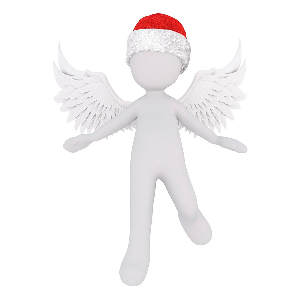 Cute 3D figure in angel wings and red Christmas hat. Free public domain CC0 image.