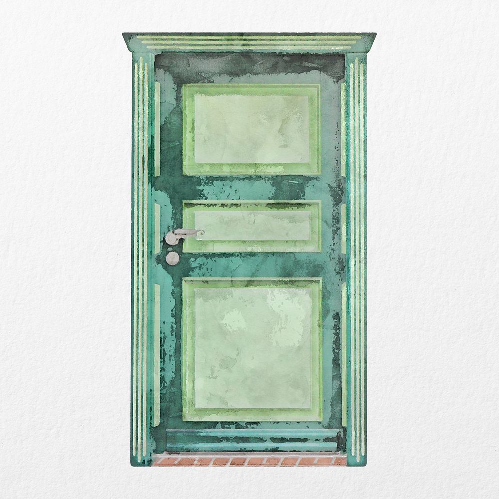 Watercolor door clipart, green house entrance illustration