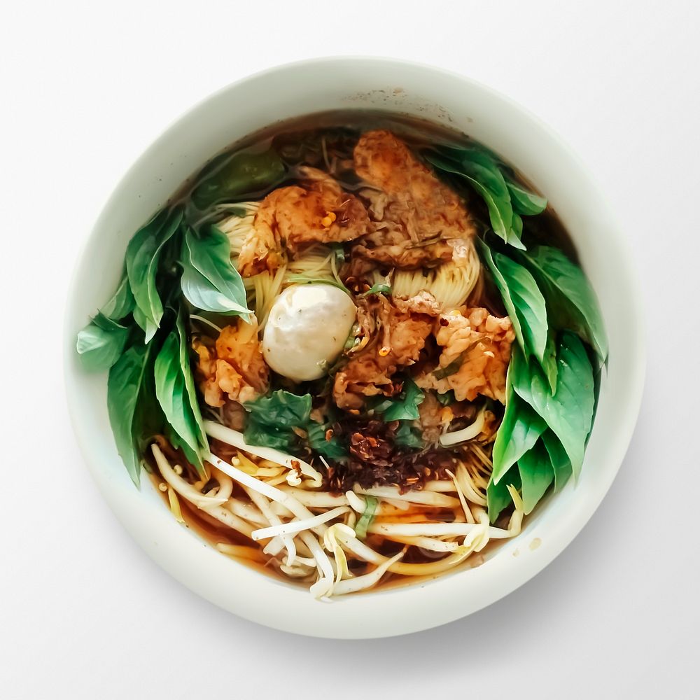 Noodle soup in a bowl, food photography, flat lay style