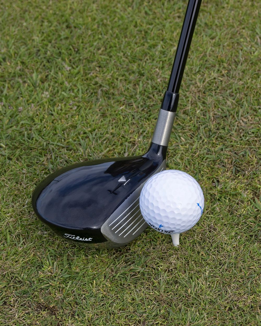 Closeup on golf club head and ball in grass. Free public domain CC0 image. 