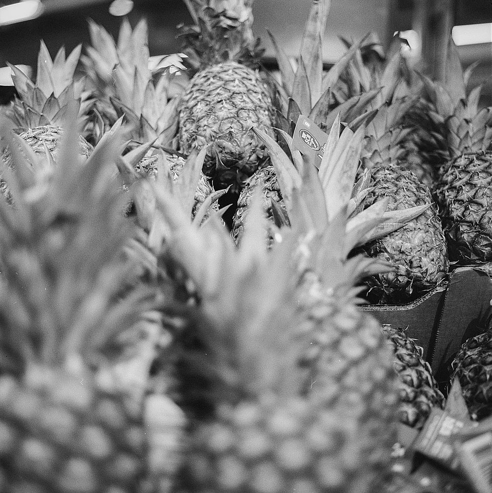 Pile of pineapple fruit in black and white. Free public domain CC0 image.