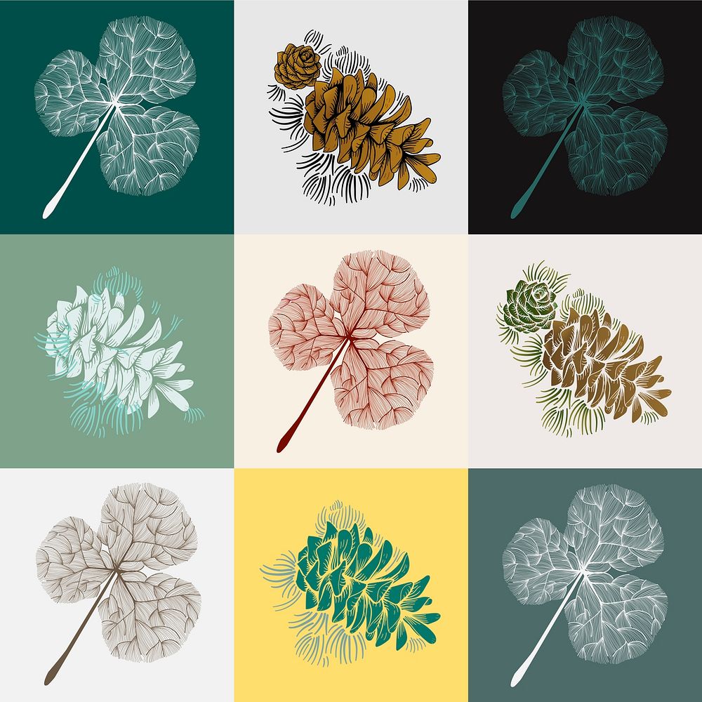 Illustration set of pine cones and clover leaves