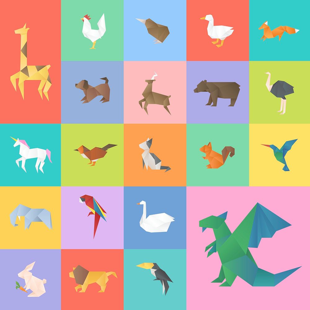 Animals origami paper polygon psd illustration collection