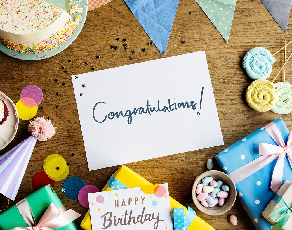 Congratulations card in a birthday party background