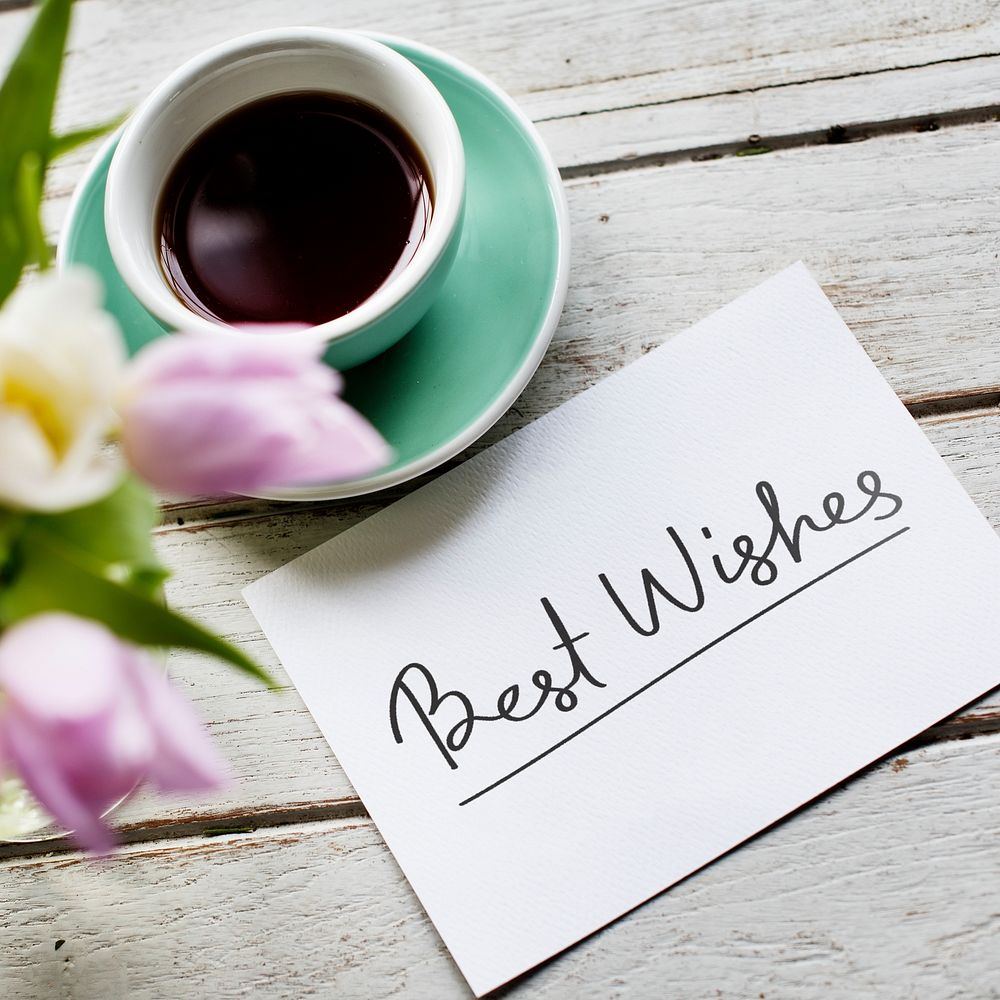Best Wishes card and a cup of coffee