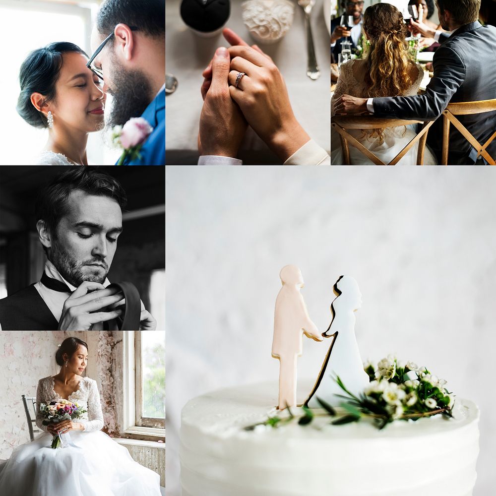Romantic moment of wedding ceremony collage