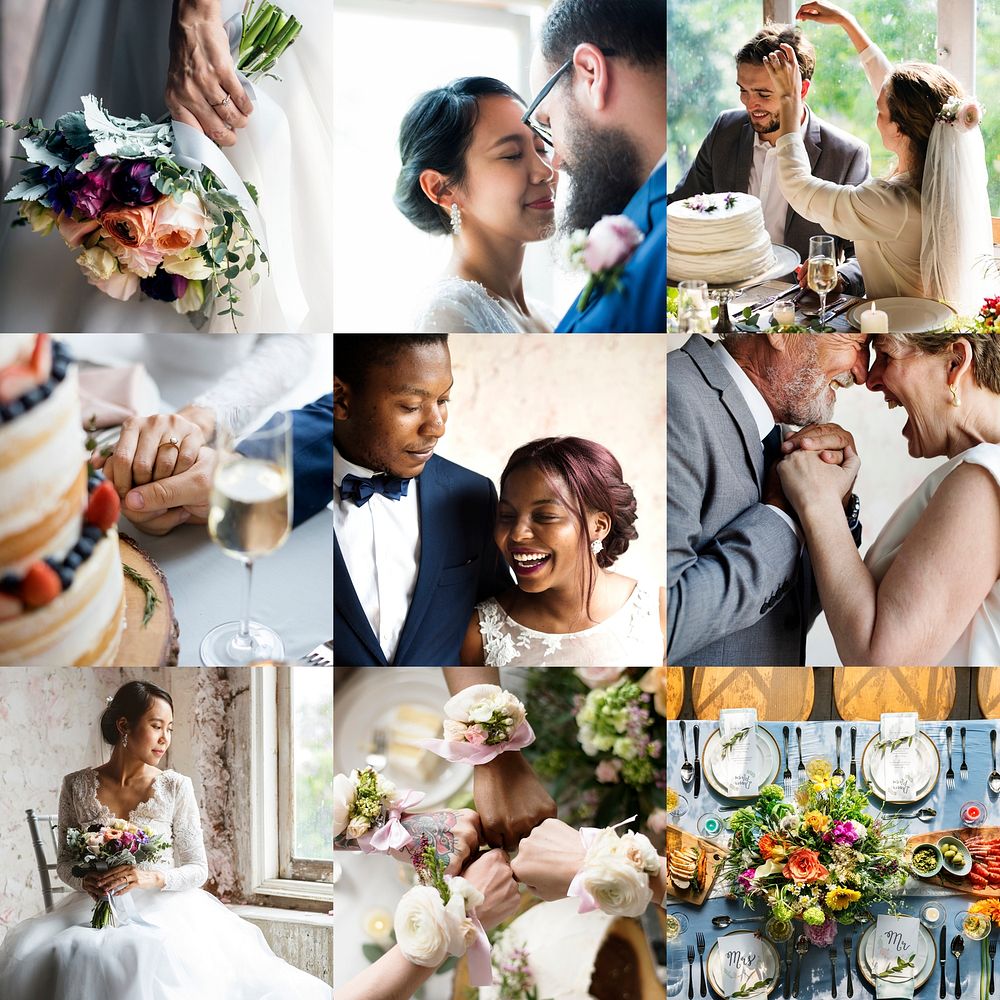 Romantic moment of wedding ceremony collage