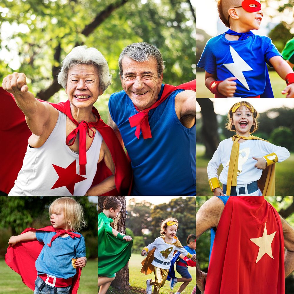 Children and elders in superhero costumes compilation