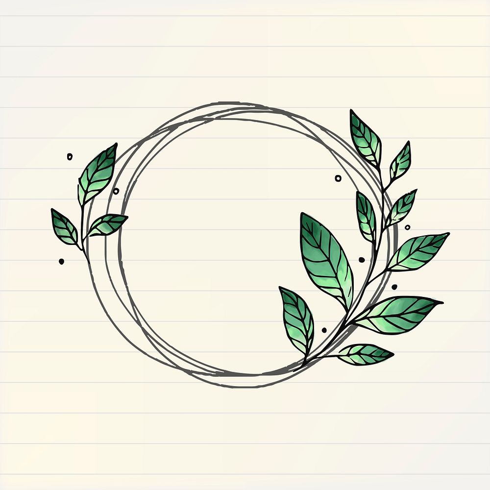 Doodle circle frame clipart, botanical illustration in psd