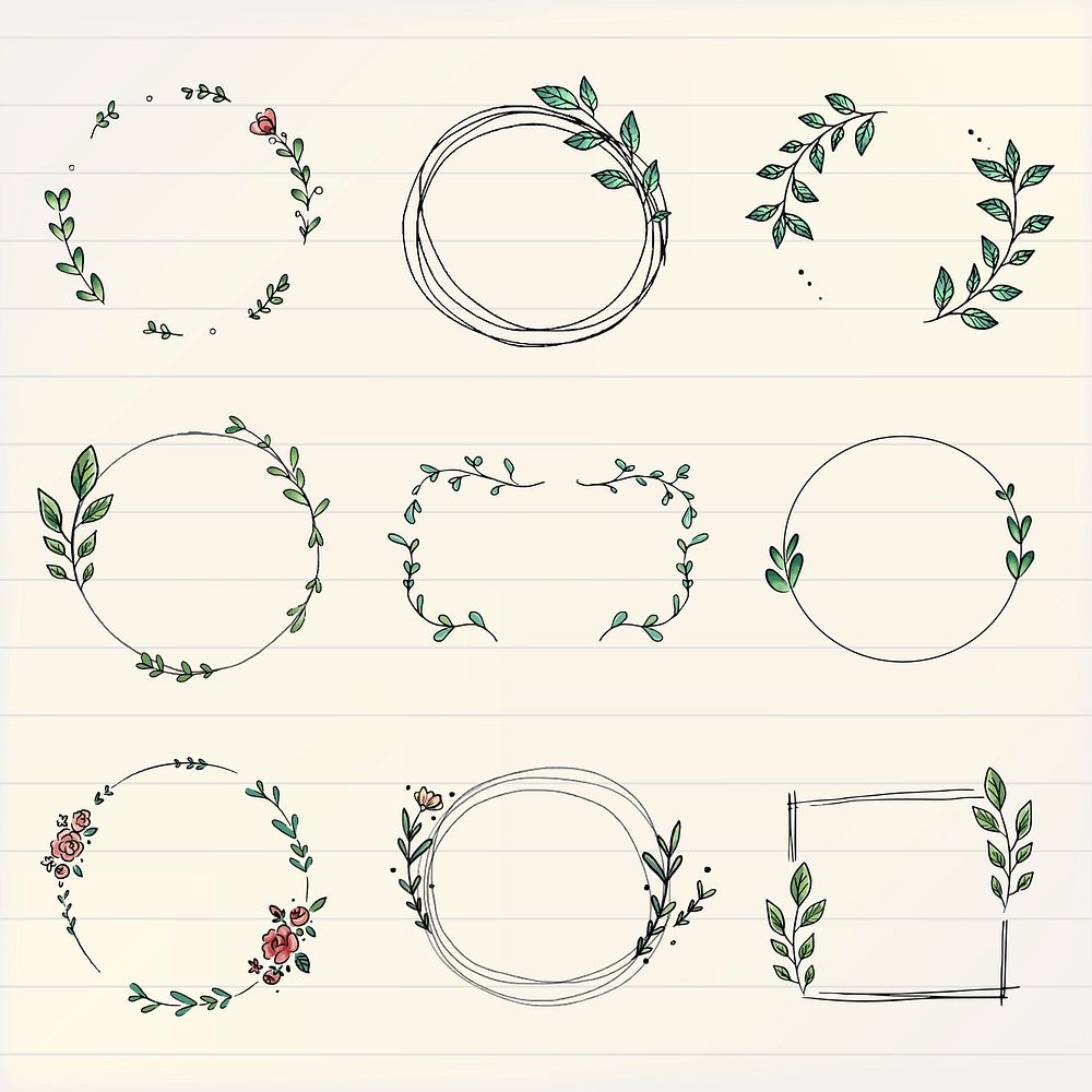 Doodle leaf frame clipart, cute botanical illustration vector set