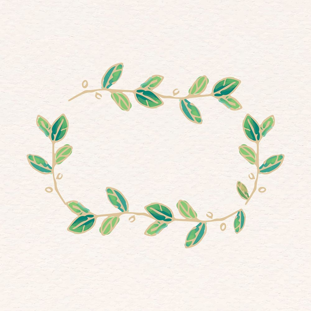 Gold rectangle frame sticker, green doodle leaf illustration vector