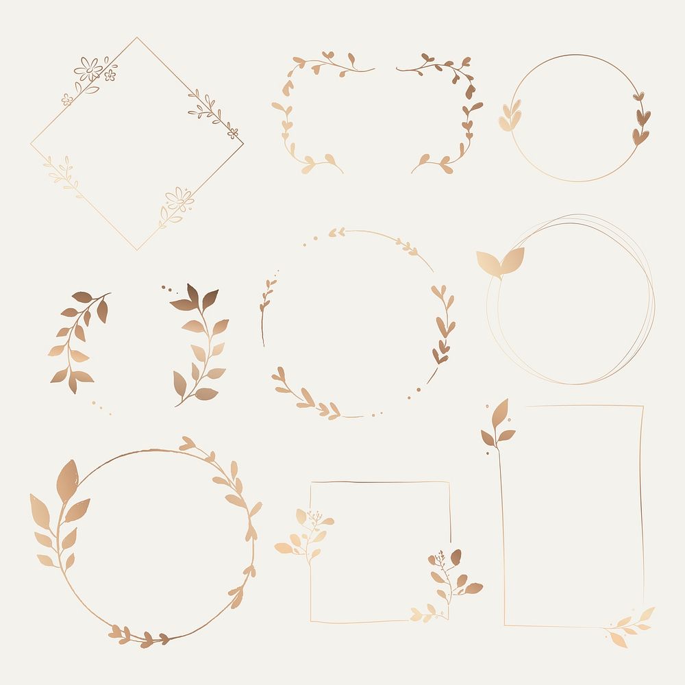 Elegant botanical frame clipart, gold gradient design vector set