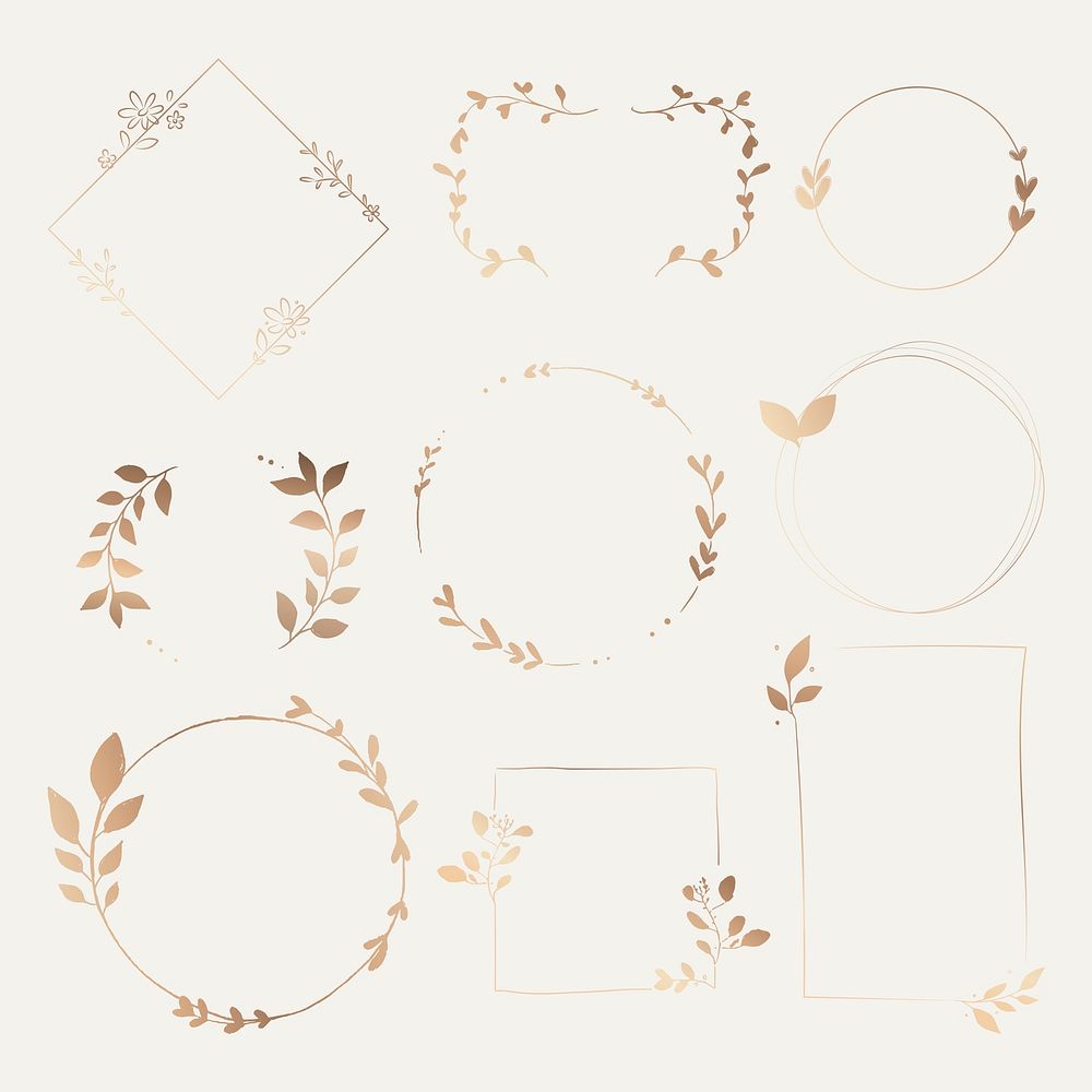 Elegant botanical frame clipart, gold gradient design psd set