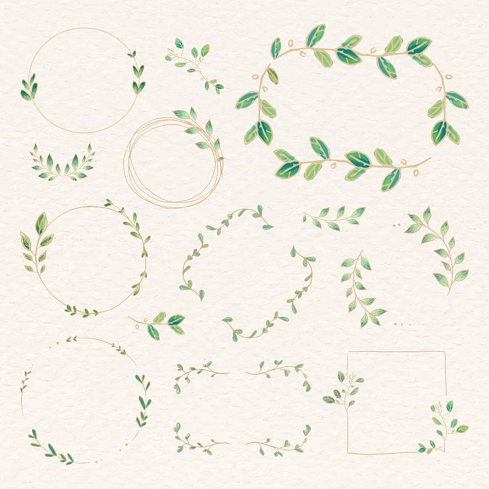 Botanical frame collage element, doodle gradient design psd set