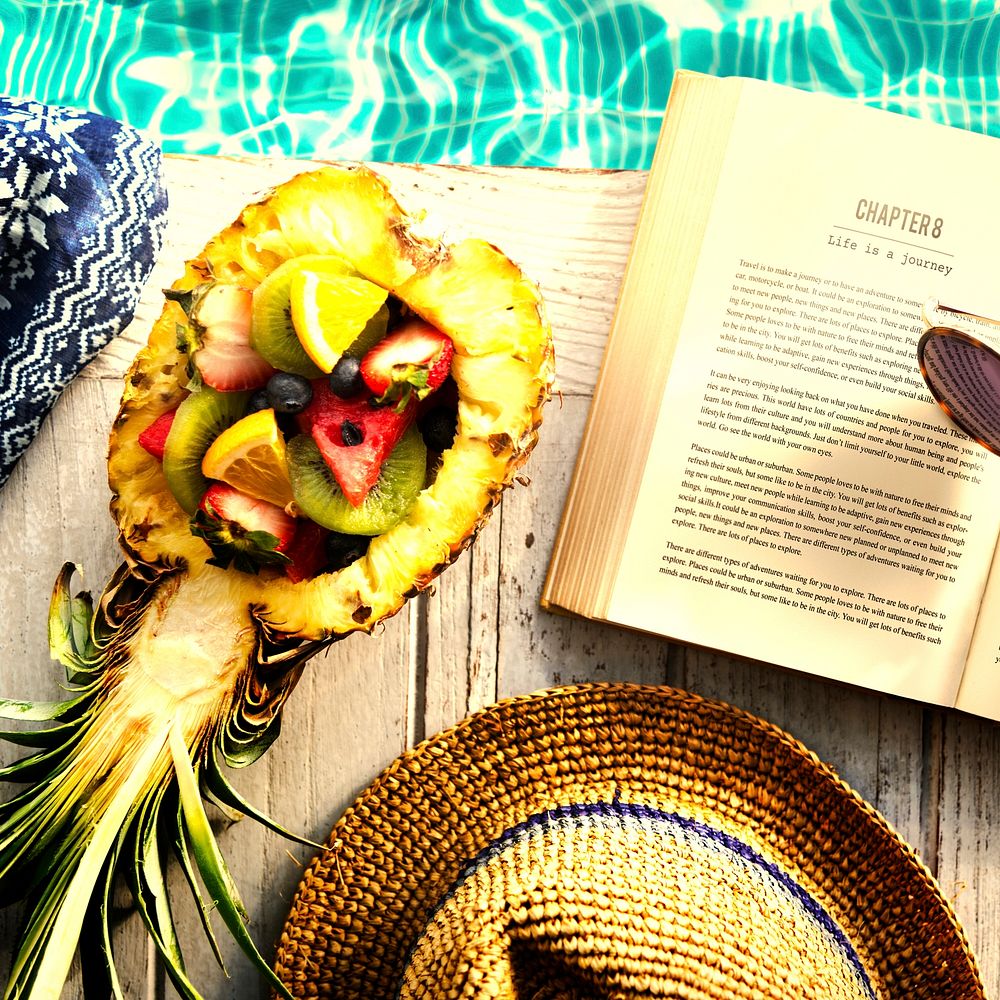 Relaxation with books and tropical fruits