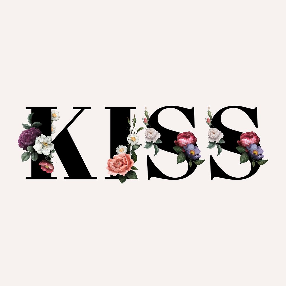 Floral kiss word typography on a beige background