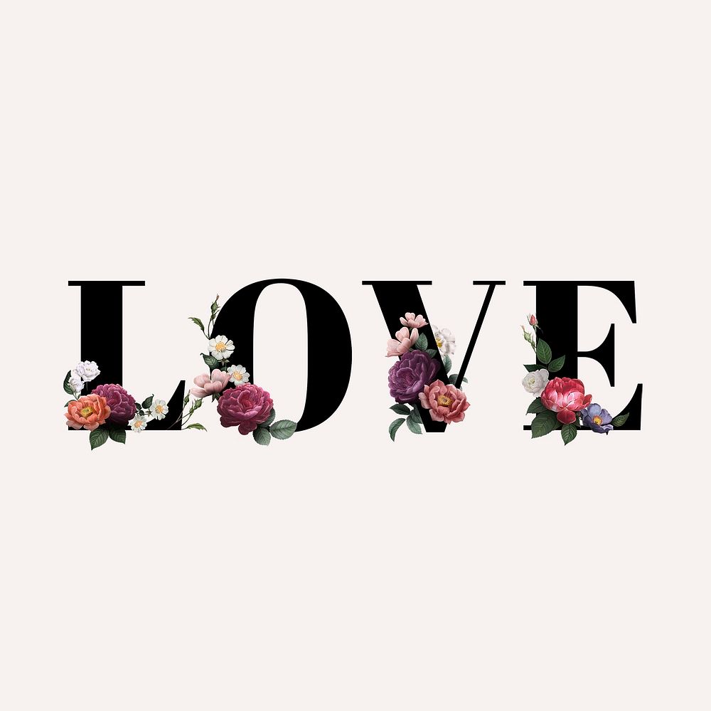 Floral love word typography on a beige background