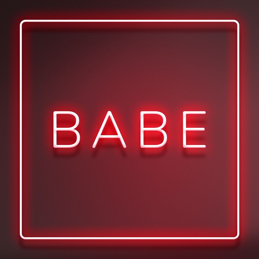 Glowing neon BABE typography on a dark red background