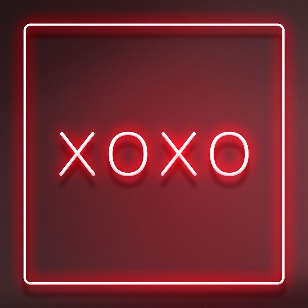Glowing XOXO neon typography on a red background