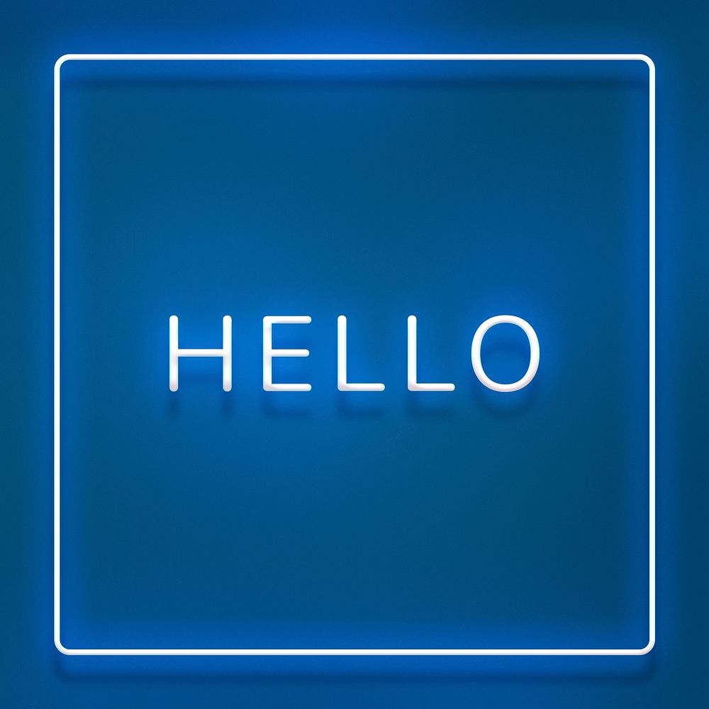 Glowing neon HELLO typography on a blue background