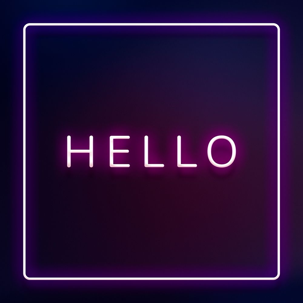 Glowing neon HELLO typography on a dark purple background